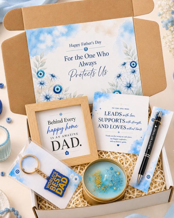 Father's Day Giftbox for Dad | Evil Eye Themed 5 Piece Handmade Gift Set with Scented Candle, Wooden Frame, Pen & Keychain, Greeting Card | Perfect...
