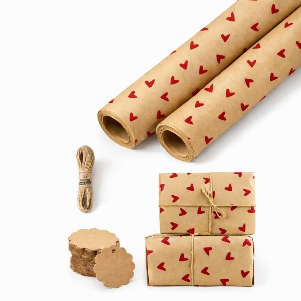 TOWNBUS Kraft Paper Gift Wrapping Pack of 10 (45cm x 60cm, 100 GSM) with Red Heart Print | Includes 10 Tags & Jute Ropes | Ideal for Gift Packing,...