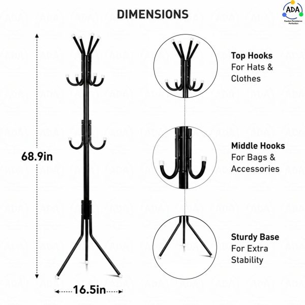 ADA Wrought Iron 3-Tier Freestanding Coat Hanger, Cloth for Bedroom Metal Coat and Umbrella Stand