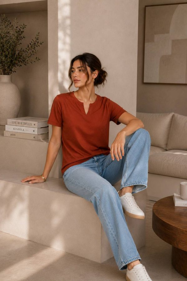 Adyavastram Solid Women Mandarin Collar Orange T-Shirt