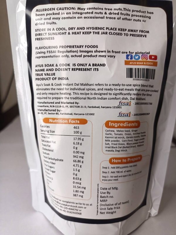 Ayus Soak & cook Instant Dal Makhani Premix For 6-8 Persons 200 g