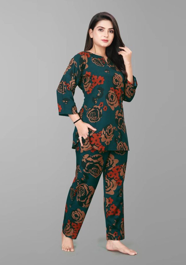 Biyoko Women Printed Dark Green Night Suit Set