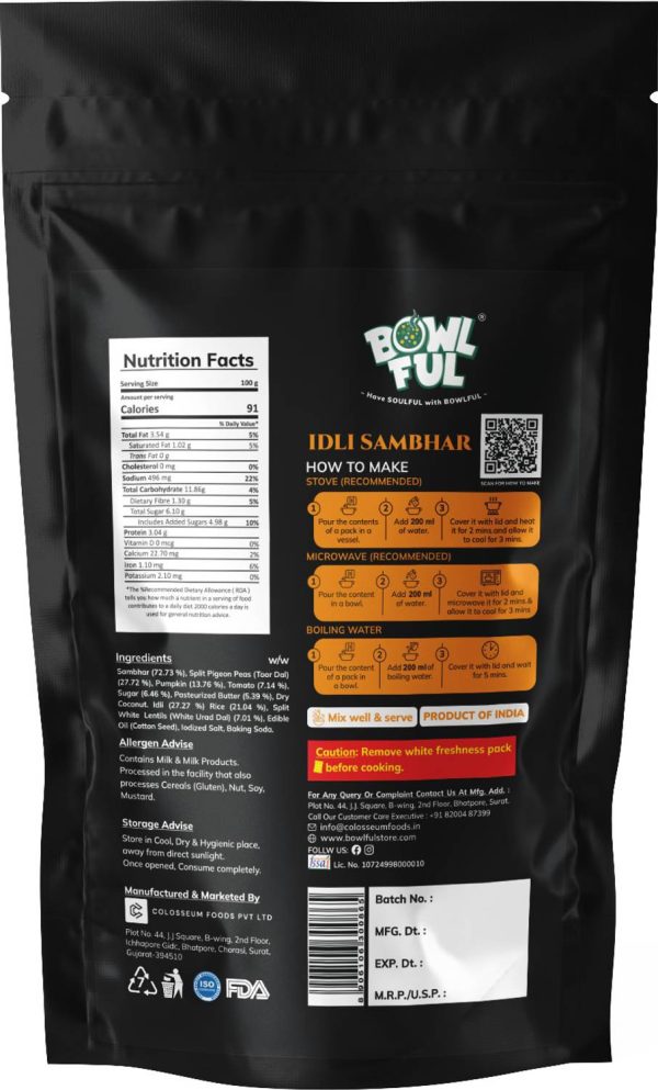 bowlful Idli Sambhar | 55g | Pack of 3 | Freeze Dried