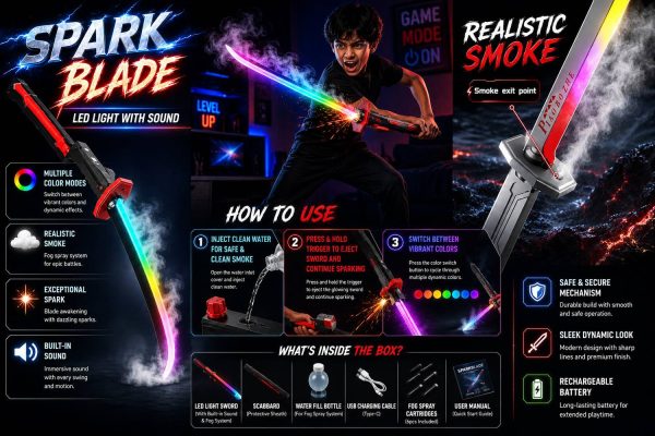 Braintastic Kids Ninja Sword Toy with LED Lights & Mist Spray Effect, Samurai Sword Ninja Gears