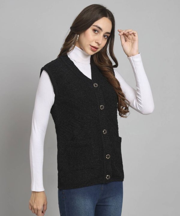 CANBLAR Solid V Neck Casual Women Black Sweater