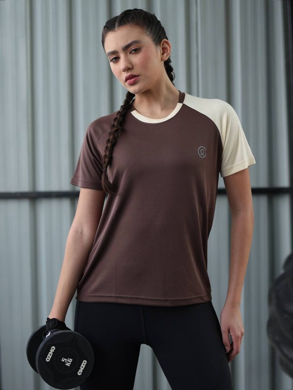 CHKOKKO Colorblock Women Crew Neck Brown T-Shirt