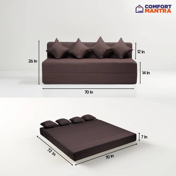 Comfort Mantra 4 Seater 6*6 Jute Fabric Washable Cover Sofa cum Bed with 4 Cushions 4 Seater Double Foam Fold Out Sofa Cum Bed