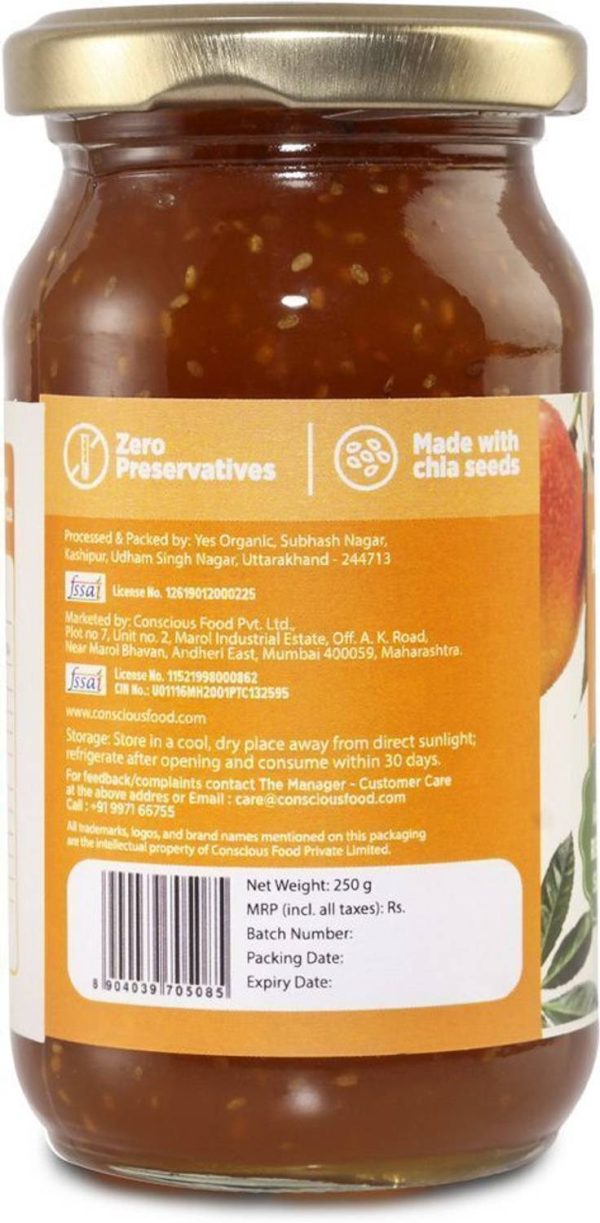 Conscious Food Mango Honey Jam 250 gm | Sugar-Free | With Chia Seeds | No Preservatives