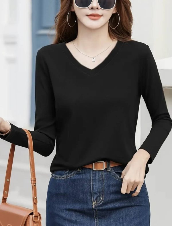 CottonCrest Solid Women V Neck Black T-Shirt