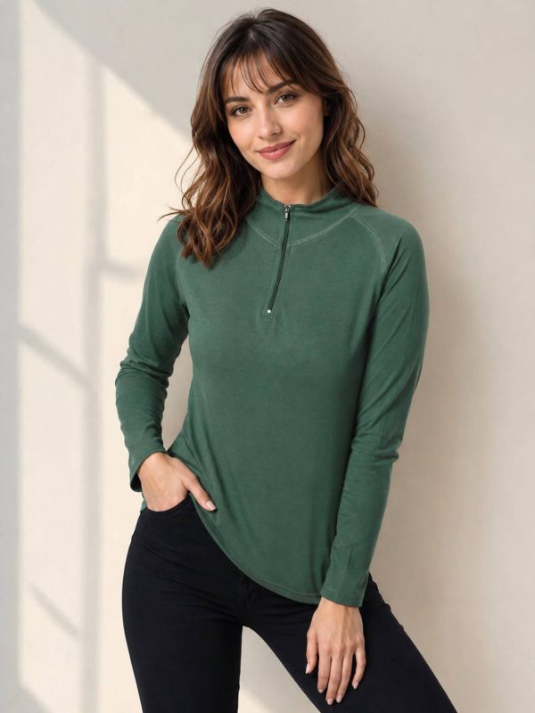 Creation By London Hills Solid Women Zip Neck Dark Green T-Shirt