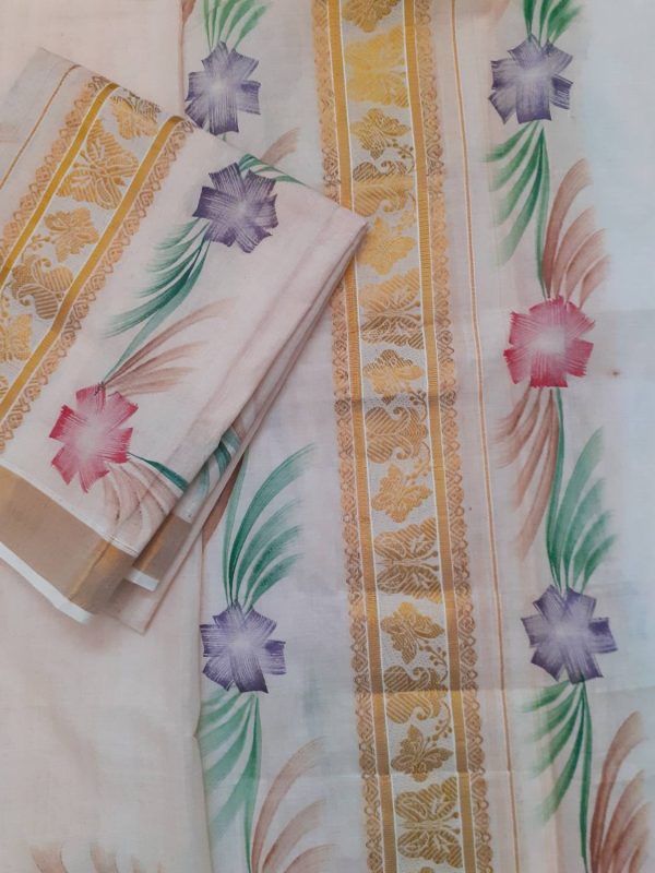 Creative weaves Women's Embroidery lace with Floral Design Hand Painted Setmundu Embroidered, Floral Print, Self Design Women Dhoti