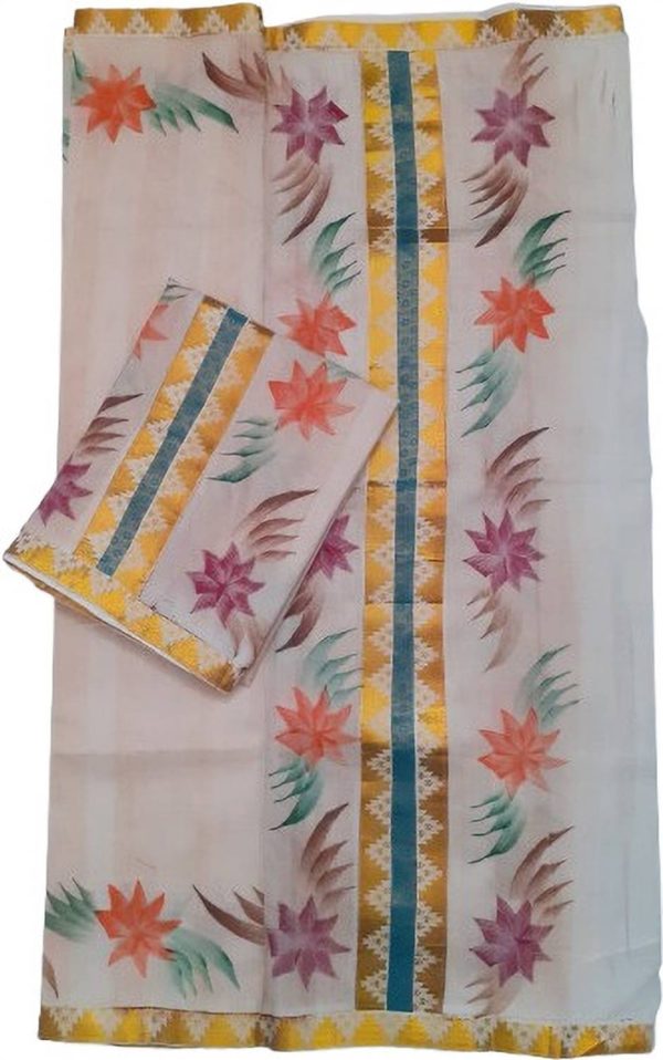 Creative weaves Women's Striped with Fancy Lace & Floral design Hand Painted Setmundu Chevron/Zig Zag, Floral Print, Polka Print, Self Design Women...
