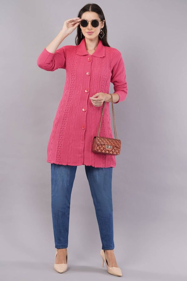 CURIOUS FASHION Self Design Collared Neck Casual Women Pink Sweater