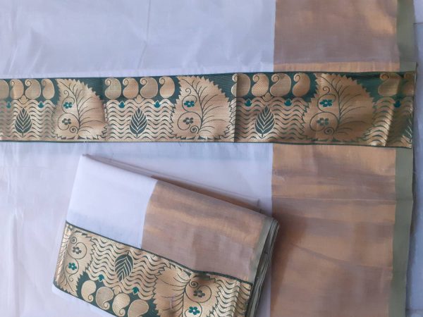 Darps Women's Kerala Green Color Mango With Leaf Design setmundu Embellished, Self Design Women Dhoti