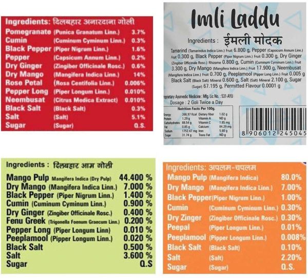 Dilbahar's Anardana Goli-Imli Laddu-Small-Aam Goli-Aplam Chaplam-Khatta-100g-Pack-of-4 Digestives Mouth Fresheners Mouth Freshener