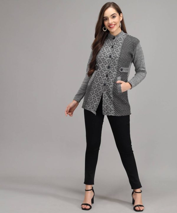 Divastri Printed High Neck Casual Women Grey Sweater