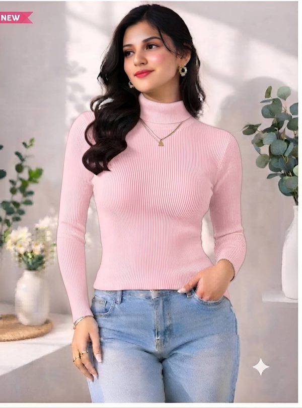 ENIFASHION Self Design High Neck Casual Women Black, Pink Sweater