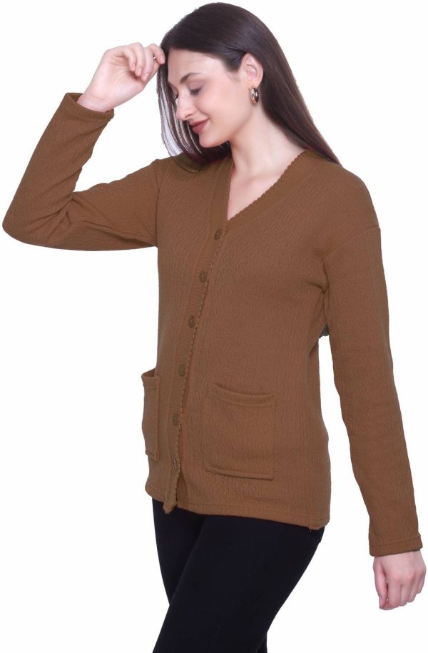 ENOV Self Design V Neck Casual Women Brown Sweater