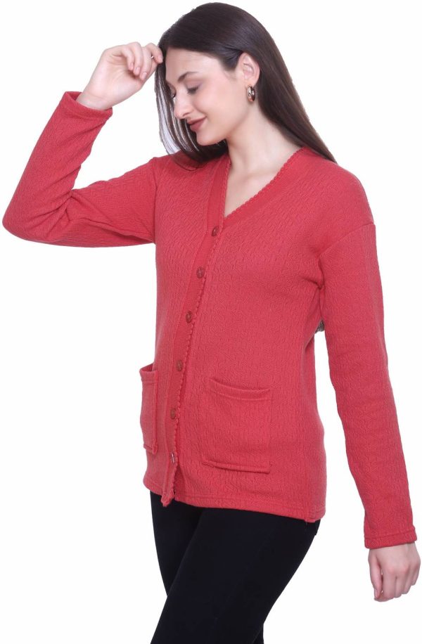 ENOV Self Design V Neck Casual Women Pink Sweater