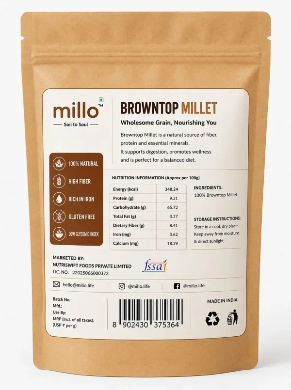 MILLO Browntop Millet | Unpolished Whole Grain | 500g Browntop Millet