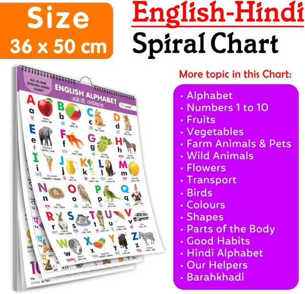 GO WOO ENGLISH-HINDI Chart For Kids (16 Charts ) Children Spiral Wall Picture Chart