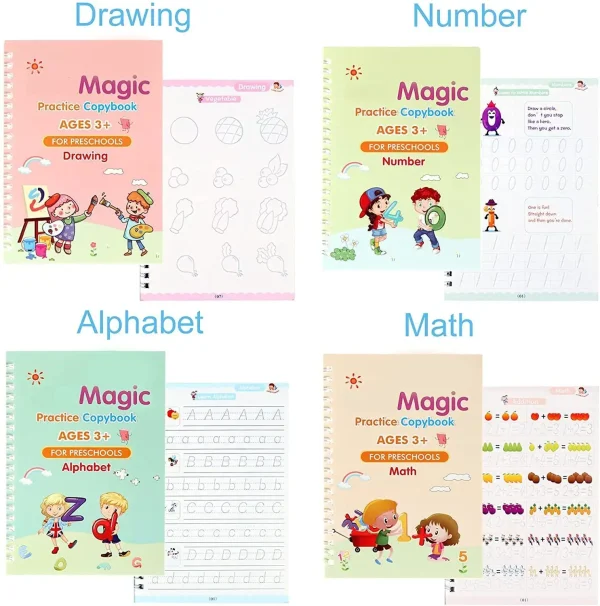 ZRIYOS Magic Practice Copybook (4 BOOK + 10 REFILL + 1 PEN + 1 GRIP) Reusable MagicBook
