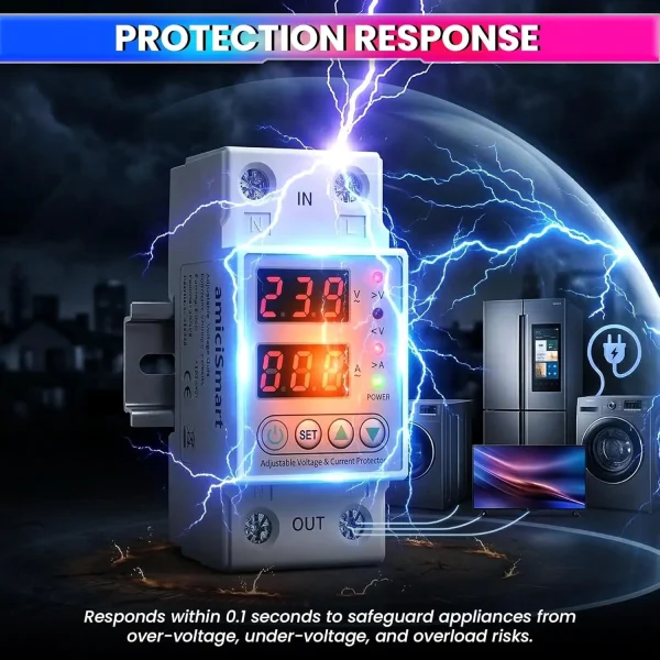amiciSmart Automatic Over/Under Voltage (Adjustable Setting) Protection with Auto Re-Connect LED Display Standard Din-Rail Mounted Single Phase...