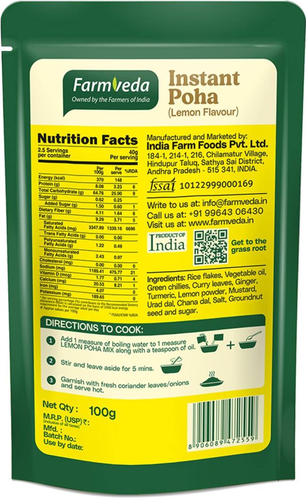 farmveda Instant Lemon Poha -Pack of 5 (100g each)| Ready to Cook Healthy Breakfast