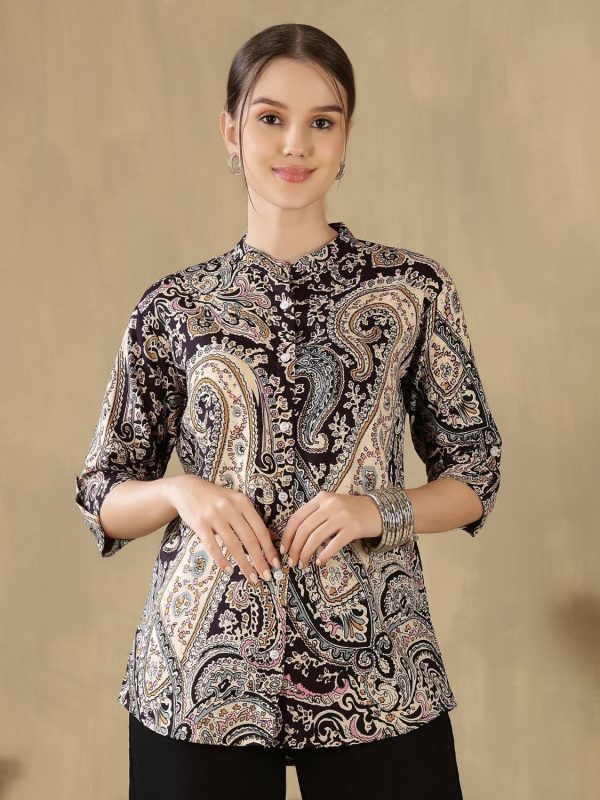 FebQ Casual Printed Women Black Top