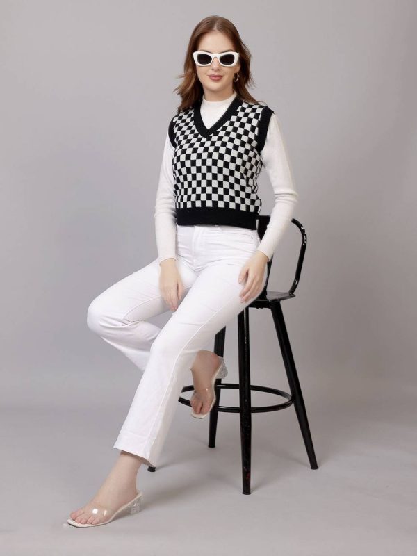 FEVERFEW Checkered V Neck Casual Women Black, White Sweater