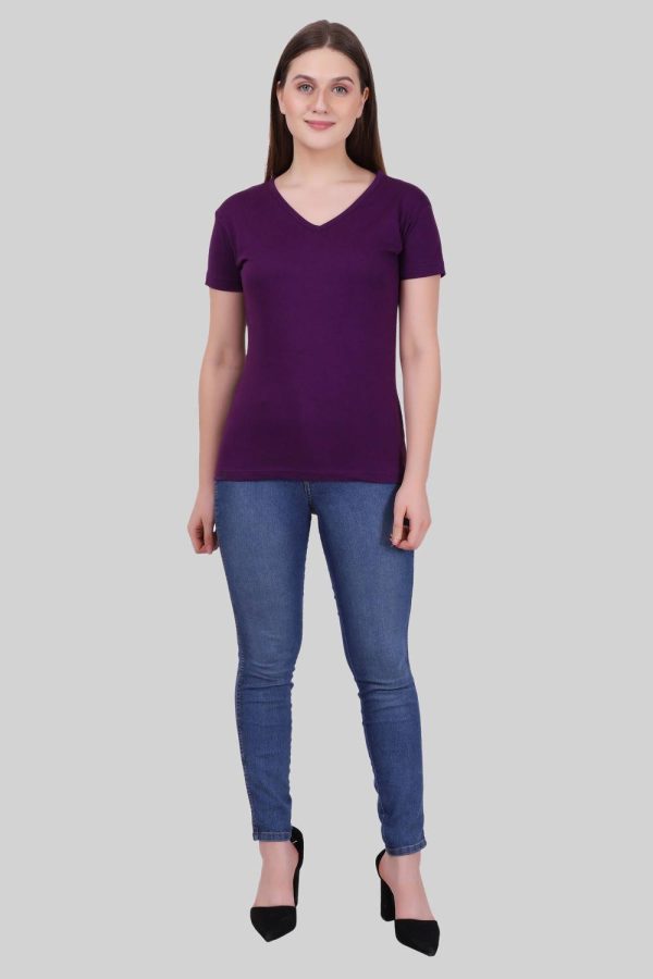 Fleximaa Solid Women V Neck Purple T-Shirt