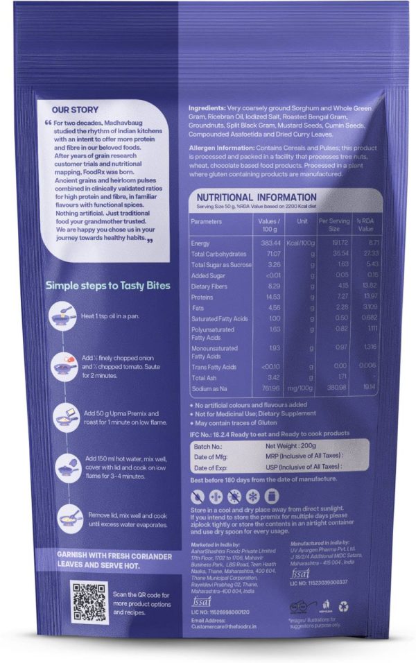 Foodrx Instant Jowar Upma High Protein & Fibre Healthy Millet Gluten Free Breakfasts 200 g