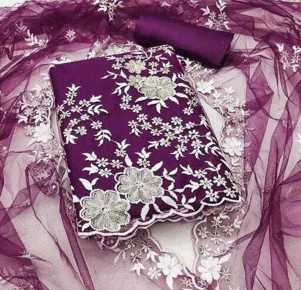 FUSIONVALLEY Net/Lace Embroidered Salwar Suit Material