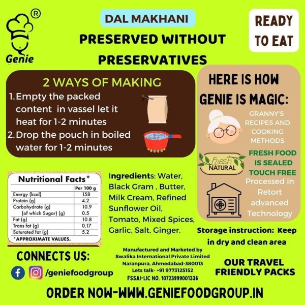Genie Food Ready to Eat Dal Makhani (300g) | Pure Veg | Heat and Eat | 100% Natural 300 g
