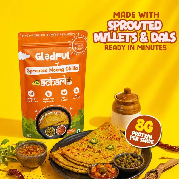 Gladful Sprouted Moong Achari Chilla Mix, No Maida, Vegan & High-Protein Chilla/Dosa Mix 200 g