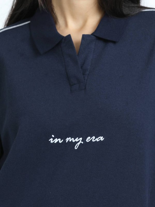 Glitchez Embroidered Women Polo Neck Navy Blue T-Shirt