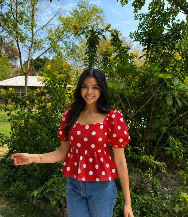 God Bless Casual Polka Print Women Red, White Top