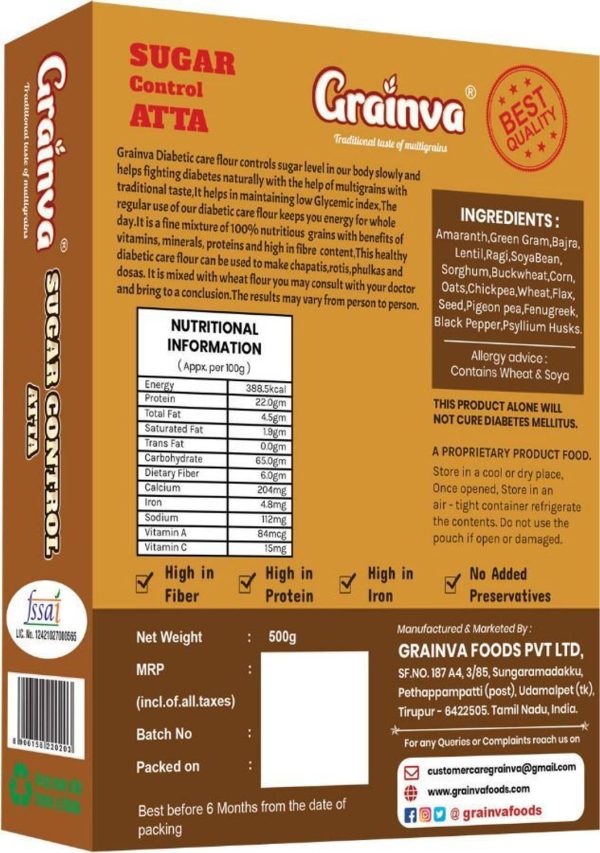 grainva Diabetic Care Flour Control Diabetes maintaining blood sugar level reduce sugar release sugar free sugar relief multigrain atta 100%natural...