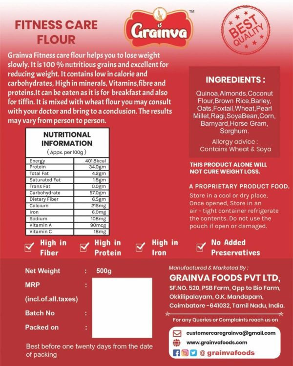 grainva Fitness Care Flour 1 Kg Diabetic Care Flour 500 g Multigrain Diabetic Friendly Slim Atta Body fit Cholesterol control Fitness Atta Healthy...