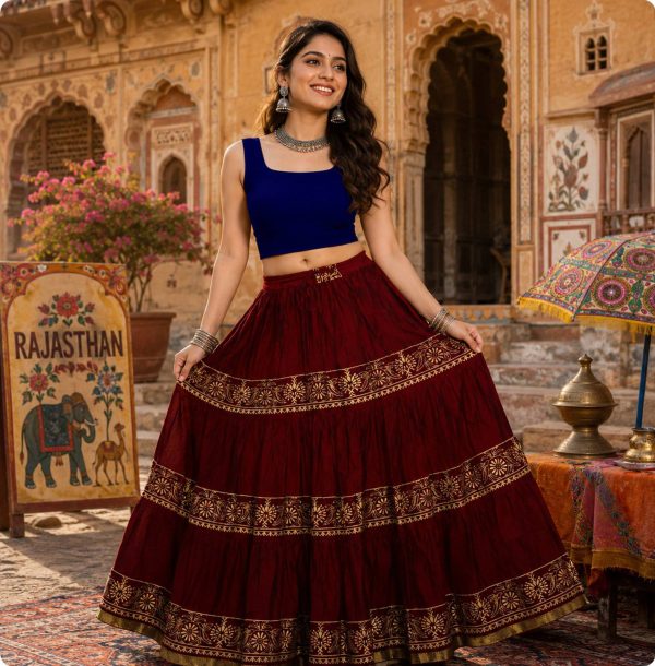 Gravel Grit Printed Women Flared Maroon Skirt