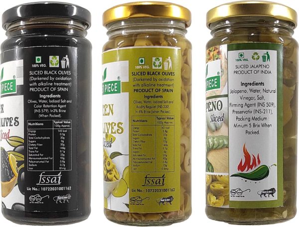 GREEN PIECE Black Olives (230gm),Green olives (230gm) and Jalapeno (230gm) (Pack of 3) Jalapenos