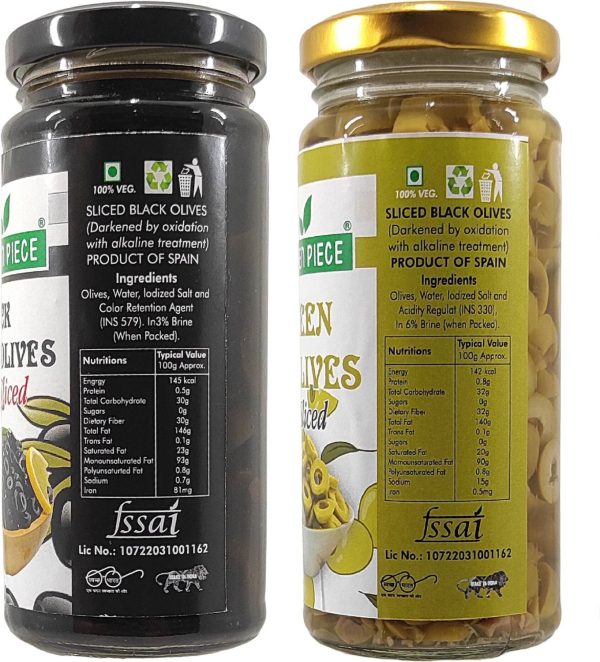 GREEN PIECE Green olives Sliced (230gm) and Black olives Sliced (230gm)(Pack of 2) Olives
