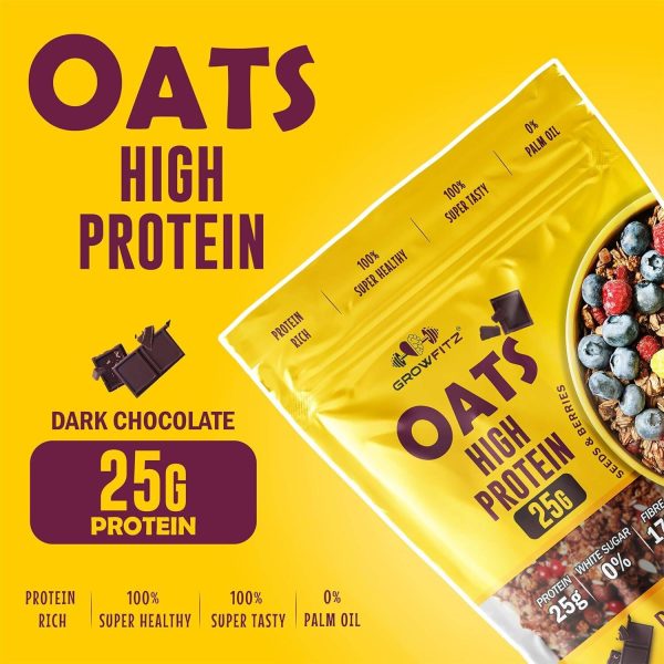 Growfitz 25g Protein Oats | Dark Chocolate | No Sugar | Gluten-Free | 17g Fibre |