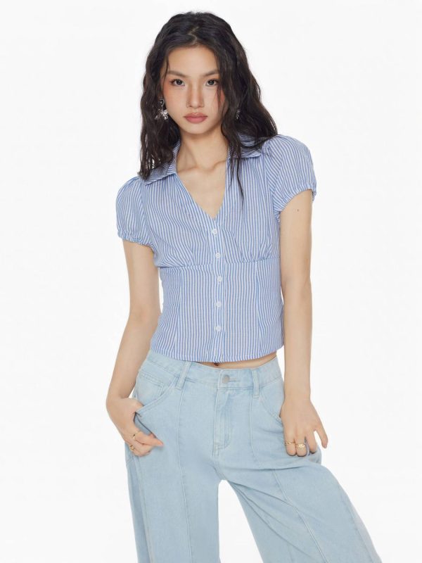 HappyBestie Women Checkered Casual Light Blue, White Shirt