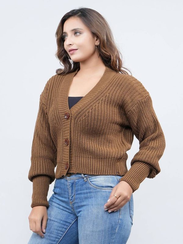 HouseOfCommon Self Design V Neck Party Women Brown Sweater