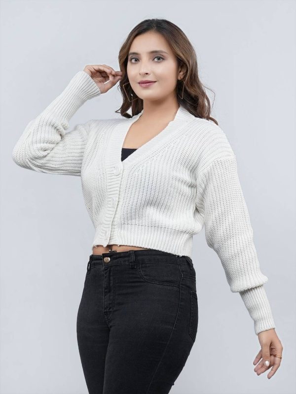 HouseOfCommon Self Design V Neck Party Women White Sweater
