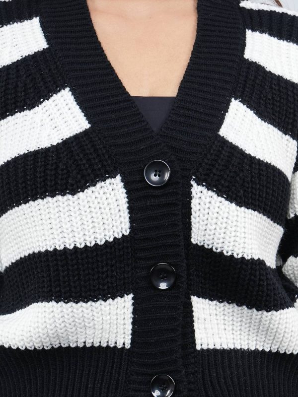 HouseOfCommon Striped V Neck Party Women Black Sweater