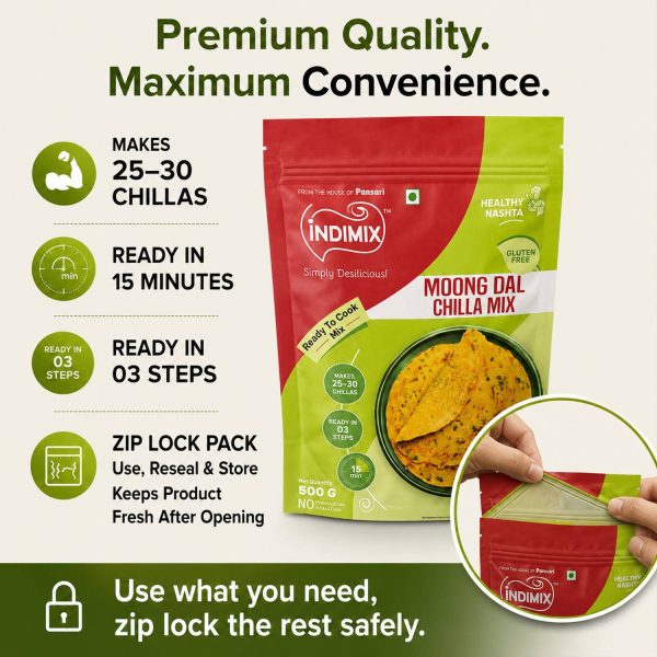 INDIMIX Instant Ready to Cook Moongdal Chilla Mix | Ready In 3 Steps | Healthy & Tasty 500 g