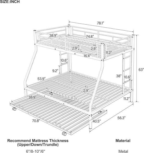IRONIC HOUSE Twin Over Full Metal Bunk Bed Heavy Duty Bed Frame with Safety Guard Rail,Ladder Metal Bunk Bed