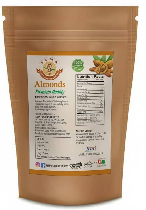 Isma food products Natural Almonds (Badam) 250g | Fresh & Crunchy Dry Fruits for Daily Nutrition.. Almonds